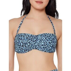 JS Jessica Simpson Women's Groovy Leopard Bandeau Blue Swimsuit Top, Small